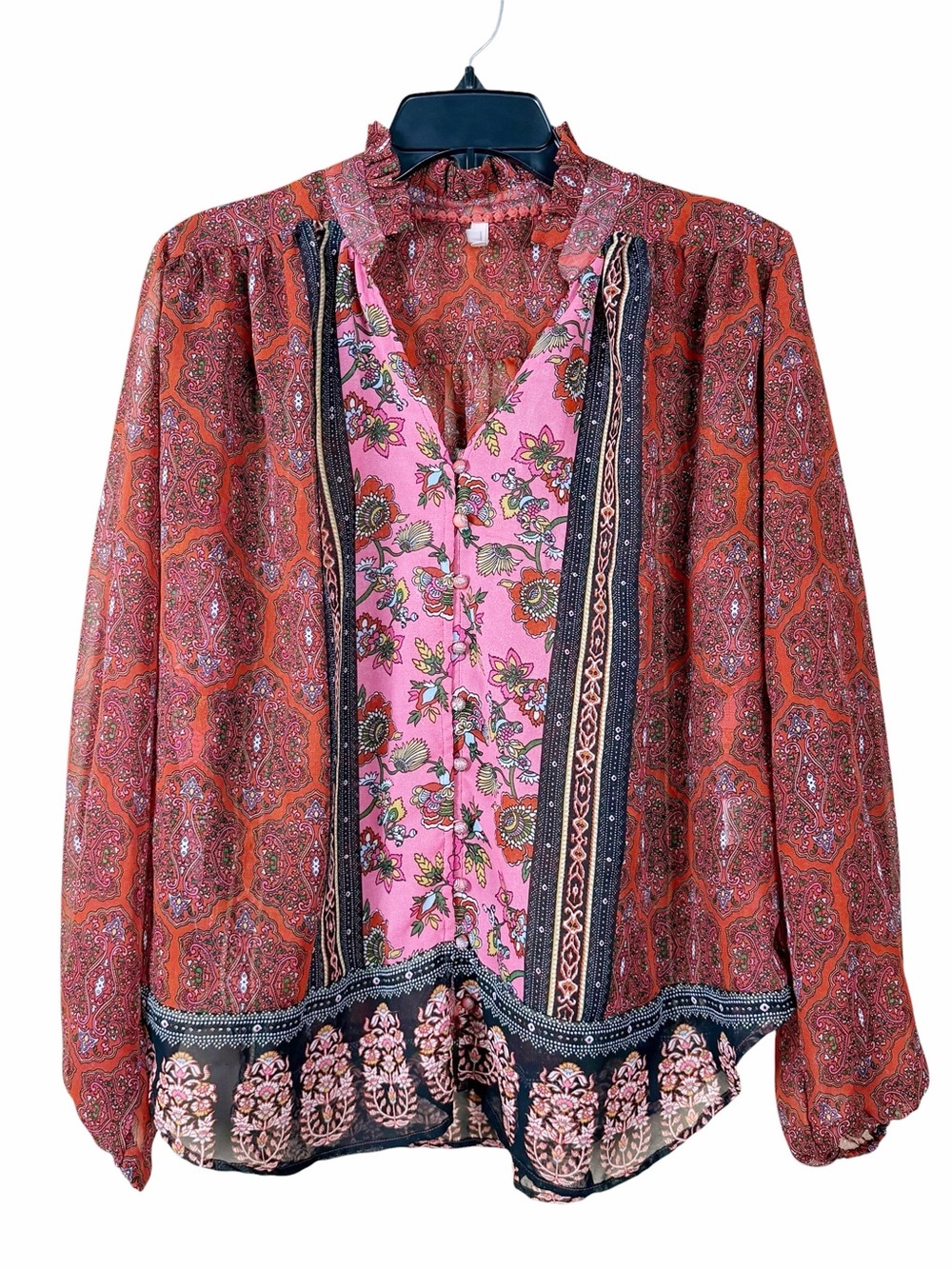 Moon Orchid Boho Sheer Blouse Size 14  Maroon Peasant Mixed Print Long Sleeve